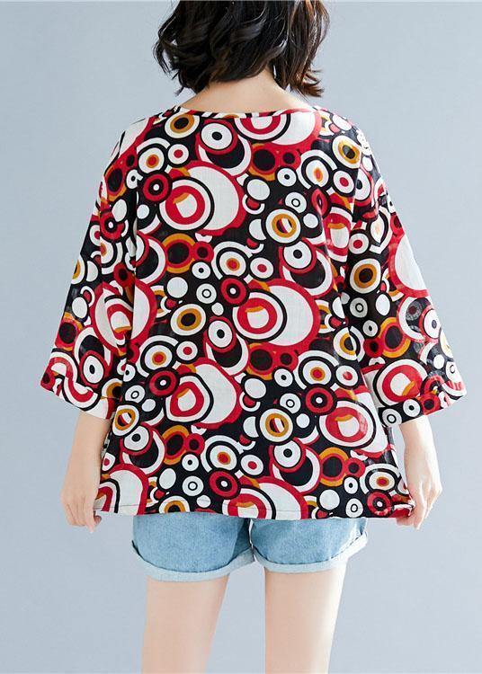 Style v neck cotton shirts Work Outfits red prints top summer - SooLinen