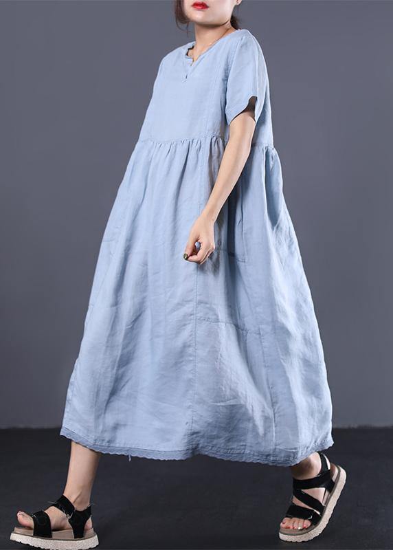 Style v neck linen clothes For Women Work Outfits light blue Dress ...