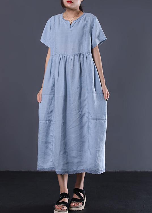 Style v neck linen clothes For Women Work Outfits light blue Dress summer - SooLinen