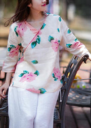 Style v neck linen tunic design pink print blouse - SooLinen