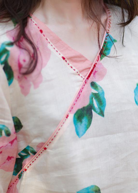 Style v neck linen tunic design pink print blouse - SooLinen