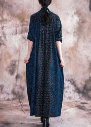 Style v neck pockets Outfits blue print loose Dress fall - SooLinen