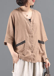 Style v neck pockets Shirts Work khaki women coat - SooLinen