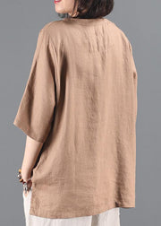Style v neck pockets Shirts Work khaki women coat - SooLinen