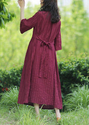 Style v neck tie waist linen clothes Fashion Ideas burgundy Dresses - SooLinen