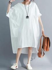 Style white cotton quilting dresses o neck low high design Dresses - SooLinen