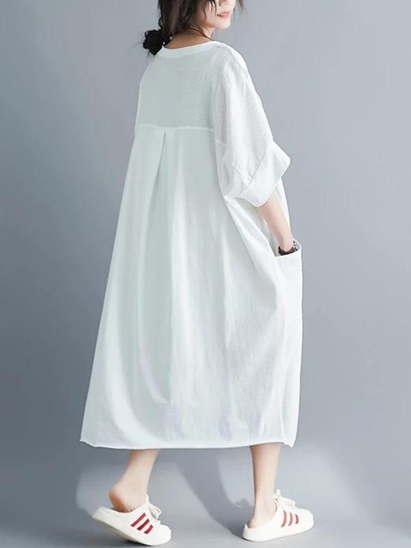 Style white cotton quilting dresses o neck low high design Dresses - SooLinen
