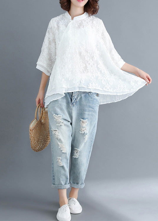 Stil weiße Spitze Top Silhouette Frauen Button-Down-Kleider Sommerbluse