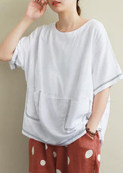 Style white linen crane tops Sewing o neck Open wire decoration summer shirts - SooLinen