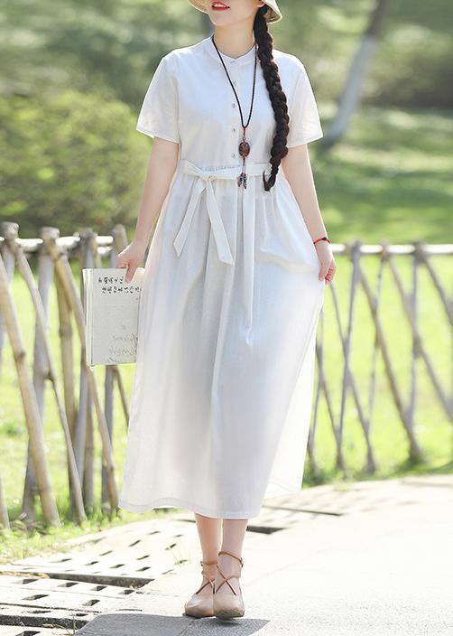 Style white linen quilting dresses tie waist Robe summer Dresses - SooLinen