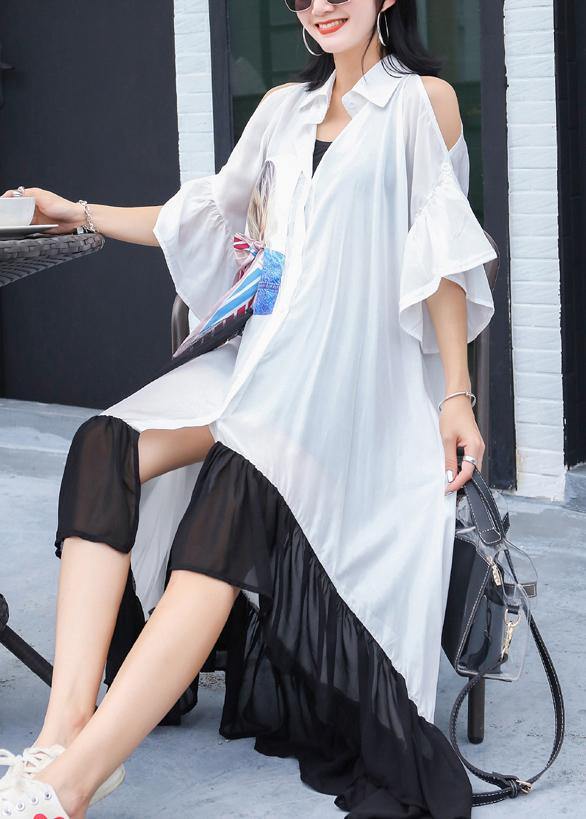 Style white off the shoulder cotton Tunics asymmetric hem Maxi summer Dresses - SooLinen