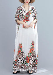 Style white print dress v neck Batwing Sleeve long Dresses - SooLinen