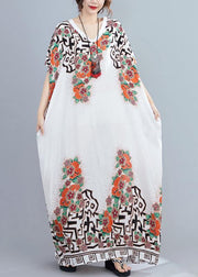 Style white print dress v neck Batwing Sleeve long Dresses - SooLinen