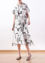 Style white print linen dress o neck asymmetric A Line Dresses - SooLinen