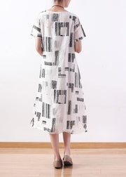 Style white print linen dress o neck asymmetric A Line Dresses - SooLinen
