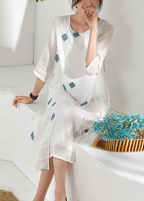 Style white prints linen clothes For Women bracelet sleeved Kaftan o neck Dresses - SooLinen