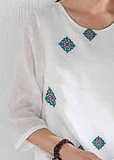 Style white prints linen clothes For Women bracelet sleeved Kaftan o neck Dresses - SooLinen