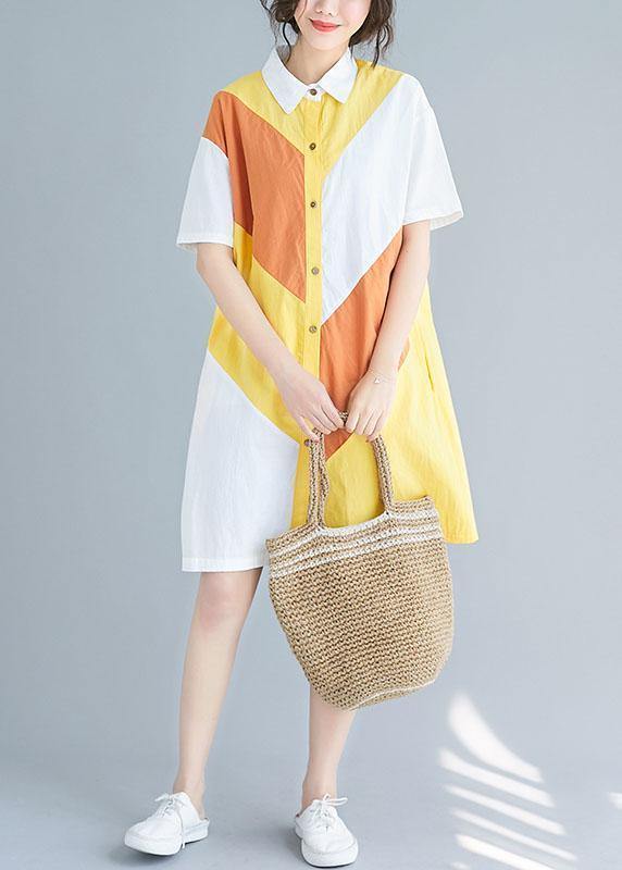Style yellow Cotton Tunics lapel patchwork baggy summer Dresses - SooLinen