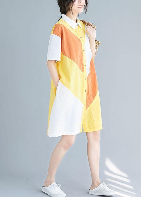 Style yellow Cotton Tunics lapel patchwork baggy summer Dresses - SooLinen