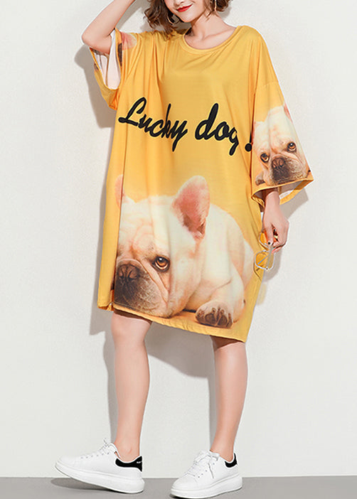 Stil gelber Druck Baumwoll-Tunika-Muster plus Größe Ärmel O-Ausschnitt Baggy Summer Dress