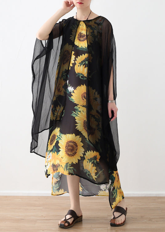 Stil gelber Druck Chiffon-Kleidung Mode-Ausschnitt O-Hals falsch zweiteiliges Kunst-Sommerkleid