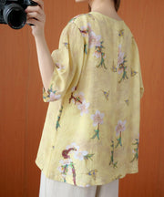 Style yellow print top silhouette o neck half sleeve Dresses blouse - SooLinen