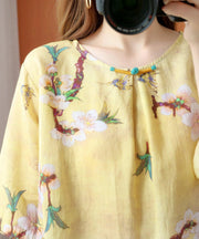 Style yellow print top silhouette o neck half sleeve Dresses blouse - SooLinen