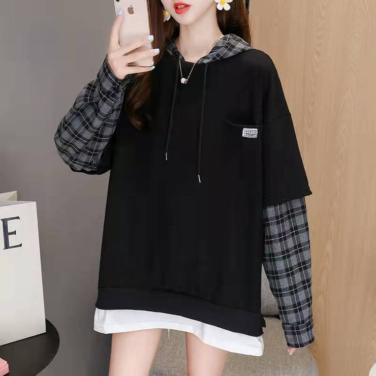 Style False Two Pieces Cotton Hooded Clothes Neckline Army Green Bluse
