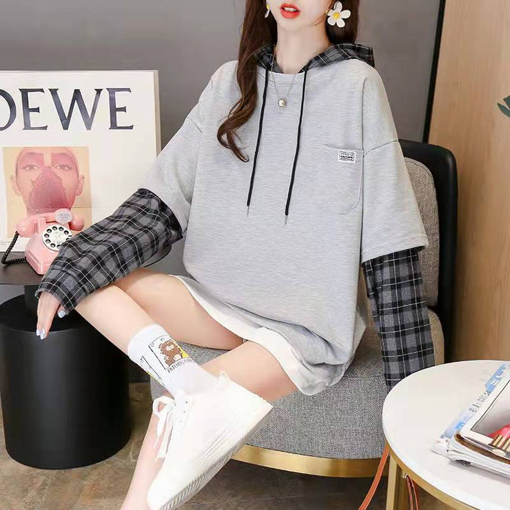 Style False Two Pieces Cotton Hooded Clothes Neckline Army Green Bluse