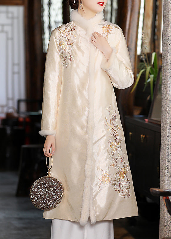 Stylish Apricot Faux Fur Collar Embroidered Floral Thick Satin Cheongsam Long Sleeve