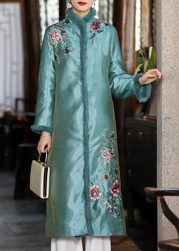 Stylish Apricot Faux Fur Collar Embroidered Floral Thick Satin Cheongsam Long Sleeve
