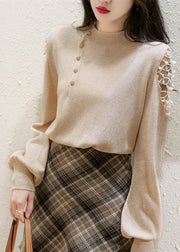 Stylish Apricot O Neck Hollow Out Woolen Knit Pullover Lantern Sleeve