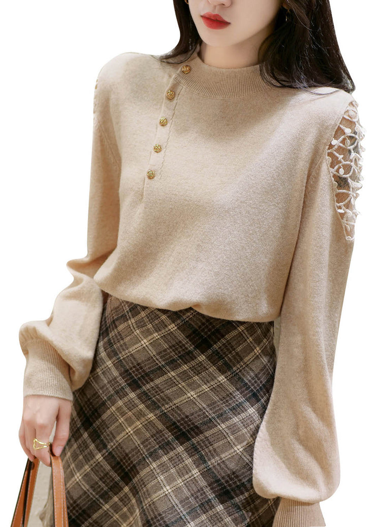 Stylish Apricot O Neck Hollow Out Woolen Knit Pullover Lantern Sleeve