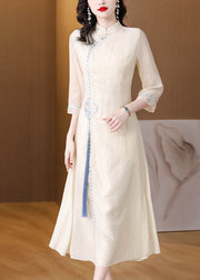 Stylish Apricot Stand Collar Embroidered Tassel Silk Long Dresses Fall