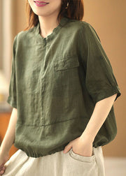 Stylish Army Green O-Neck Zip Up Patchwork Linen Blouse Top Short Sleeve