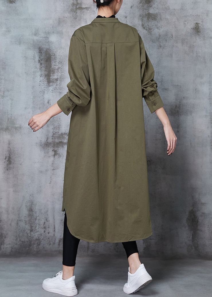 Stylish Army Green Oversized Patchwork Cotton Shirt Dress Spring