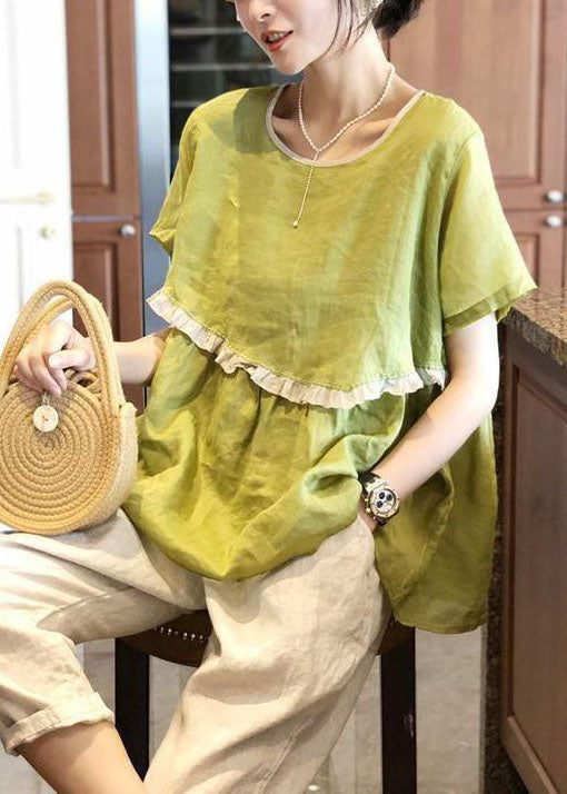 Stylish Avocado Green Ruffled Patchwork Cotton Tops Short Sleeve