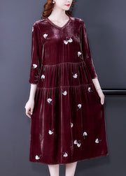 Stylish Bean paste red V Neck Embroidered Velour Dresses Spring