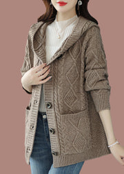 Stylish Beige Button Woolen Knit Hooded Coat Fall