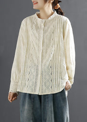 Stylish Beige Embroidered Hollow Out Cotton Shirt Tops Spring
