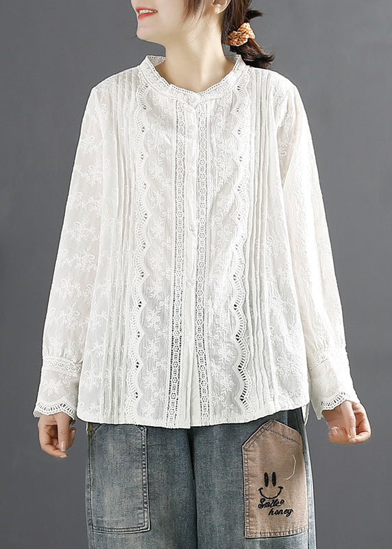 Stylish Beige Embroidered Hollow Out Cotton Shirt Tops Spring