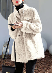 Stylish Beige Stand Collar Button Thick Faux Fur Coats Fall