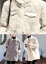 Stylish Beige Stand Collar Button Thick Faux Fur Coats Fall