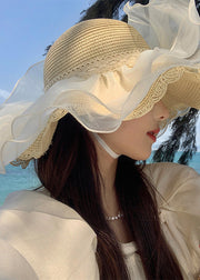 Stylish Beige Tulle Lace Patchwork Straw Woven Bucket Hat