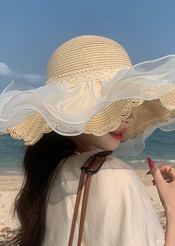 Stylish Beige Tulle Lace Patchwork Straw Woven Bucket Hat