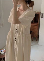 Stylish Beige V Neck Patchwork Wrinkled Cotton Dresses Puff Sleeve