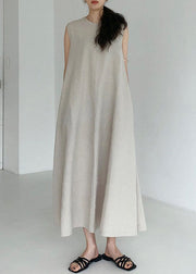 Stylish Beige Zip Up Patchwork Cotton Long Dress Sleeveless