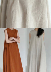 Stylish Beige Zip Up Patchwork Cotton Long Dress Sleeveless