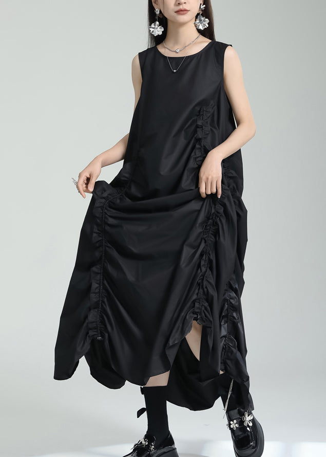 Stylish Black Asymmetrical Cinched Patchwork Cotton Dress Sleeveless