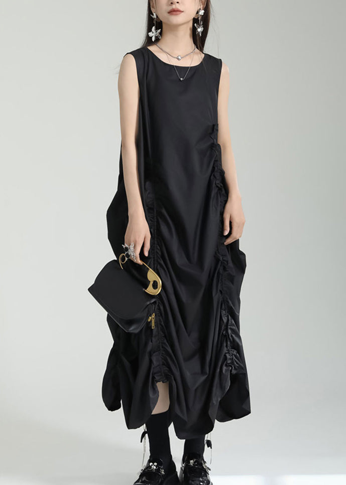 Stylish Black Asymmetrical Cinched Patchwork Cotton Dress Sleeveless